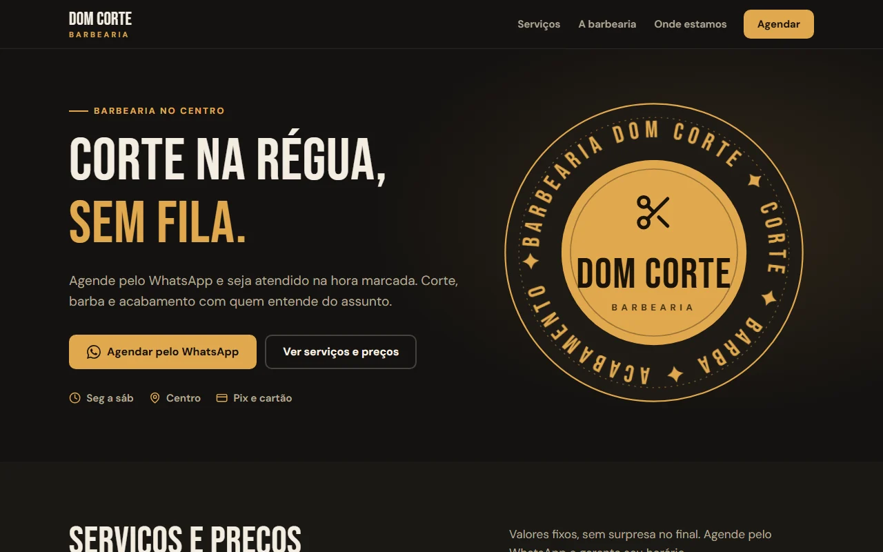 Exemplo de site de uma página para uma barbearia fictícia, visto no computador