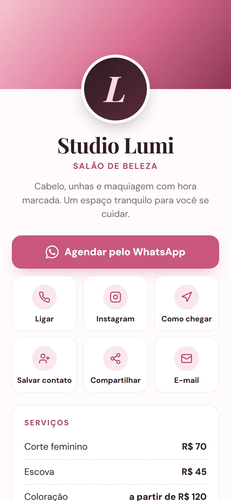 Exemplo de cartão de visita digital para um salão de beleza fictício, visto no celular
